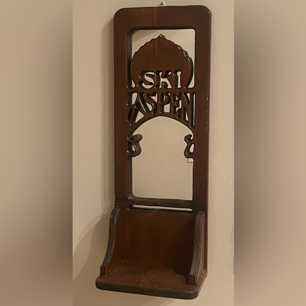 Vintage handmade cabincore Ski Aspen mirrored wooden shelf decor